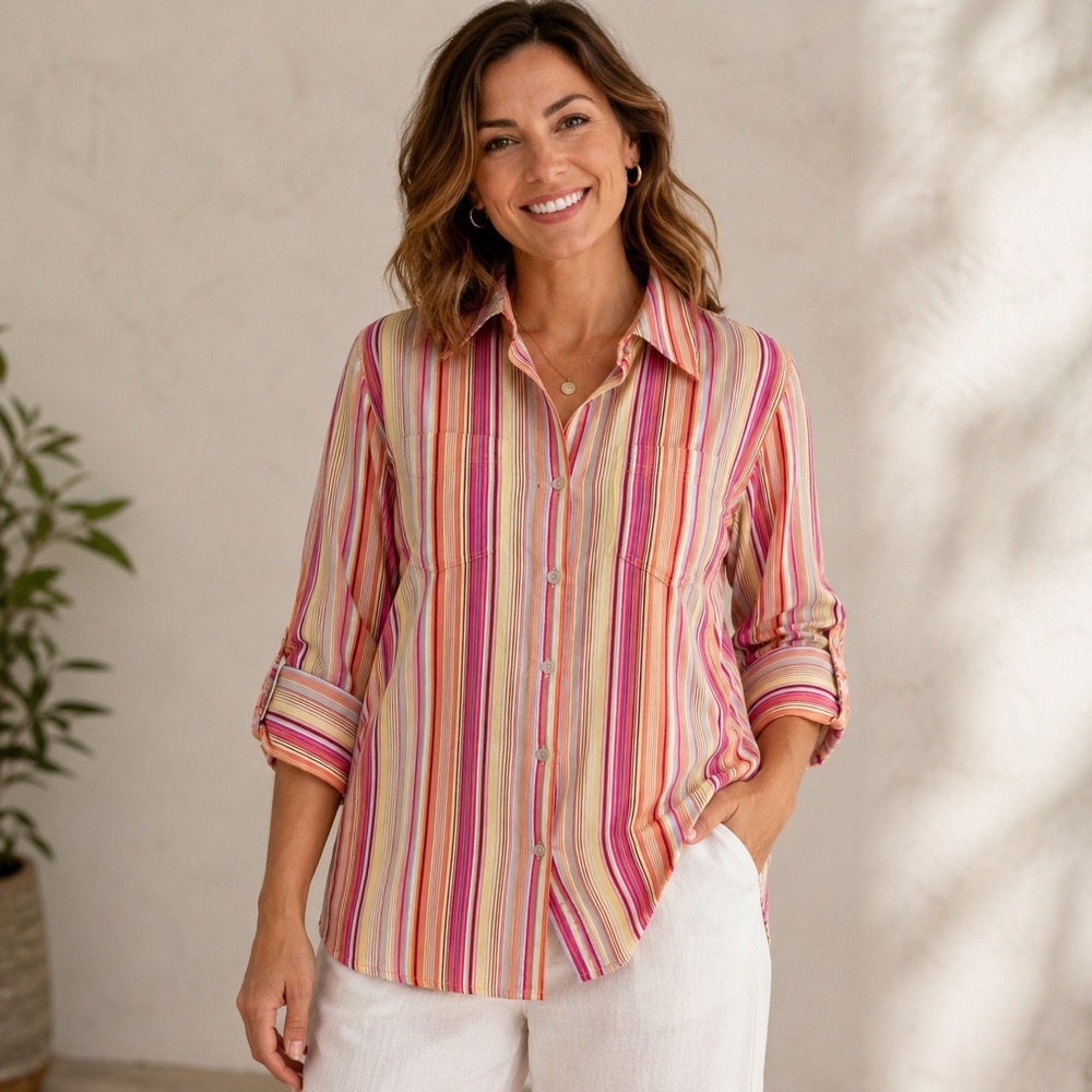 Chico's Women Pink Orange Striped Button Down 3/4 Sleeve Shirt Size 2 L Large